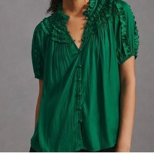 Anthropologie Green Shirred Short Sleeve Peasant Blouse Medium NWOT
